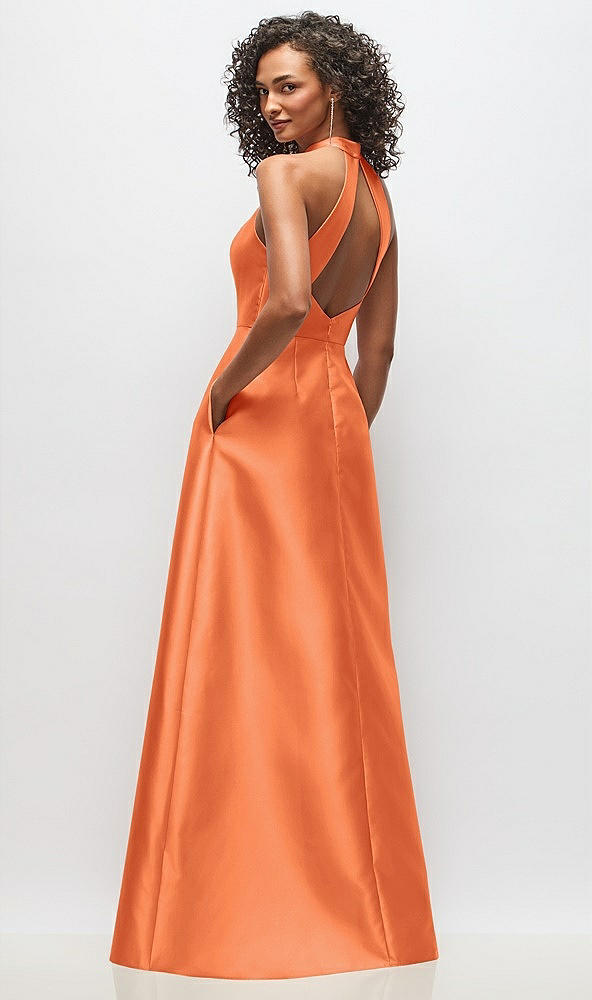 Back View - Portofino Orange High-Neck Cutout Satin Dress with Pockets