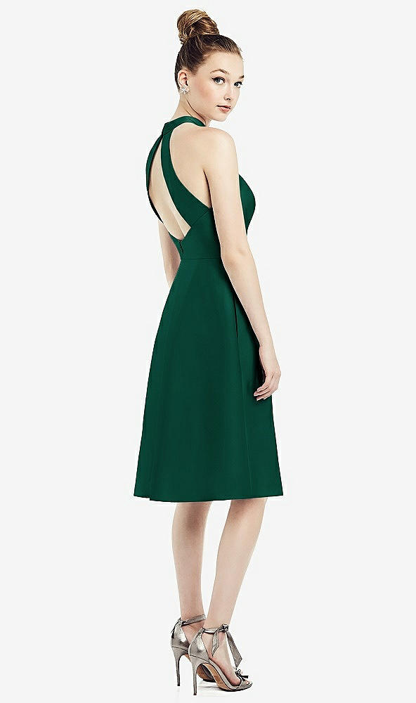 Back View - Hunter Green High-Neck Open-Back Satin Cocktail Dress