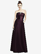 Front View Thumbnail - Deep Plum Strapless Notch Satin Gown with Pockets