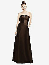 Front View Thumbnail - Espresso Strapless Notch Satin Gown with Pockets