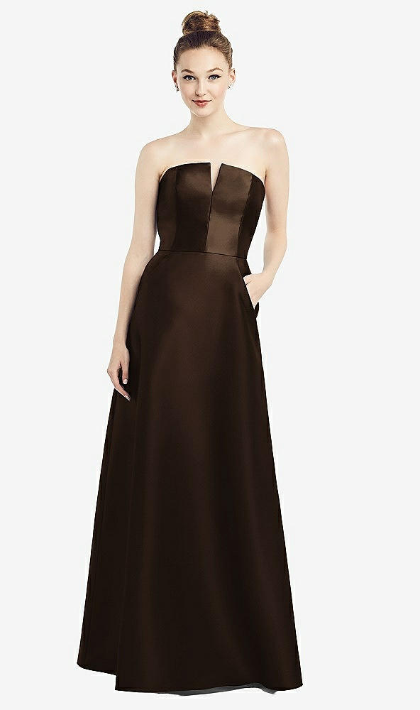 Front View - Espresso Strapless Notch Satin Gown with Pockets
