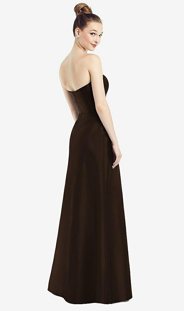 Back View - Espresso Strapless Notch Satin Gown with Pockets