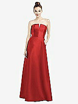 Front View Thumbnail - Poppy Red Strapless Notch Satin Gown with Pockets