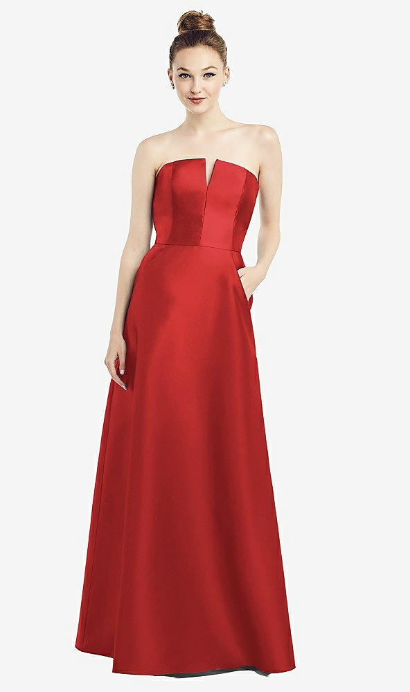 Front View - Poppy Red Strapless Notch Satin Gown with Pockets