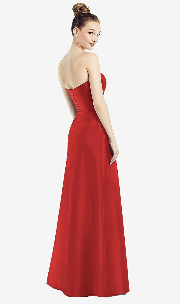 Back View - Poppy Red Strapless Notch Satin Gown with Pockets
