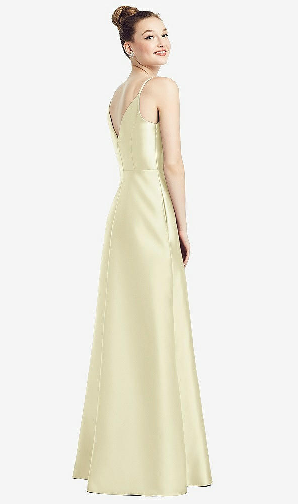 Back View - Butter Yellow Draped Wrap Satin Maxi Dress with Pockets