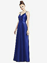 Front View Thumbnail - Cobalt Blue Draped Wrap Satin Maxi Dress with Pockets