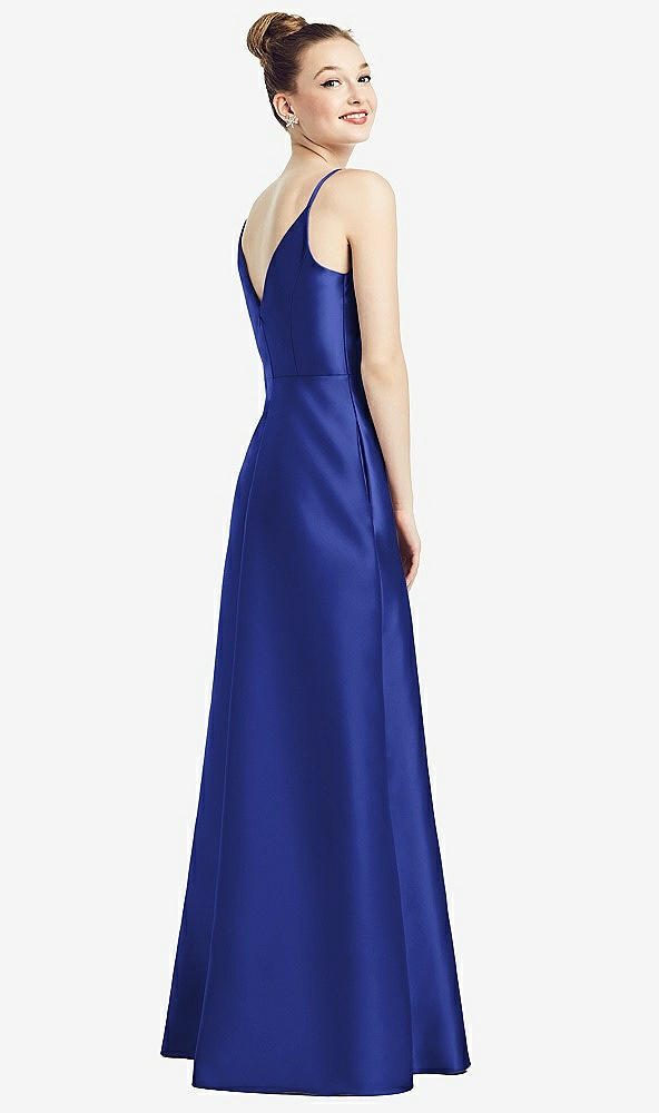 Back View - Cobalt Blue Draped Wrap Satin Maxi Dress with Pockets