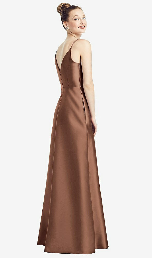 Back View - Cognac Draped Wrap Satin Maxi Dress with Pockets