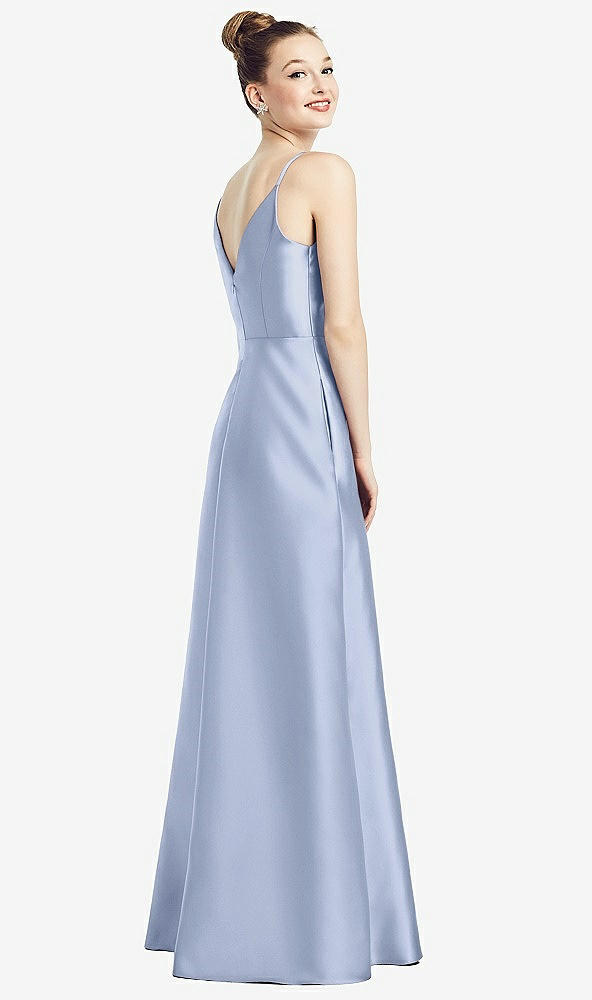 Back View - Sky Blue Draped Wrap Satin Maxi Dress with Pockets