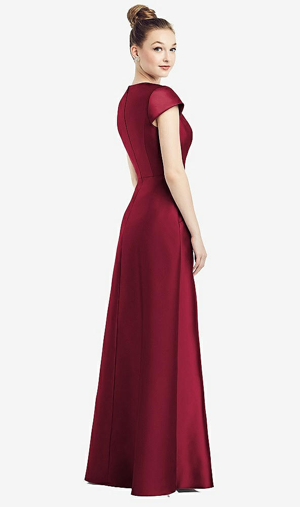 Back View - Burgundy Cap Sleeve V-Neck Satin Gown with Pockets