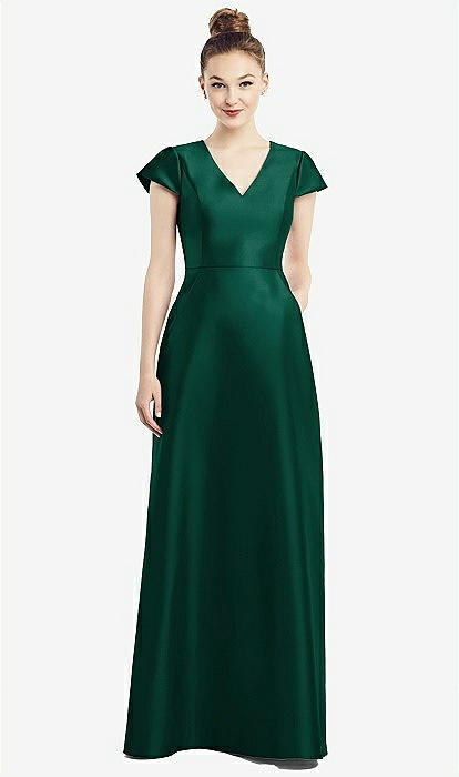 Cap Sleeve V-neck Satin Bridesmaid Dress With Pockets In Hunter Green | The  Dessy Group