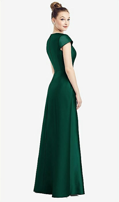 Cap Sleeve V-Neck Satin Gown with Pockets