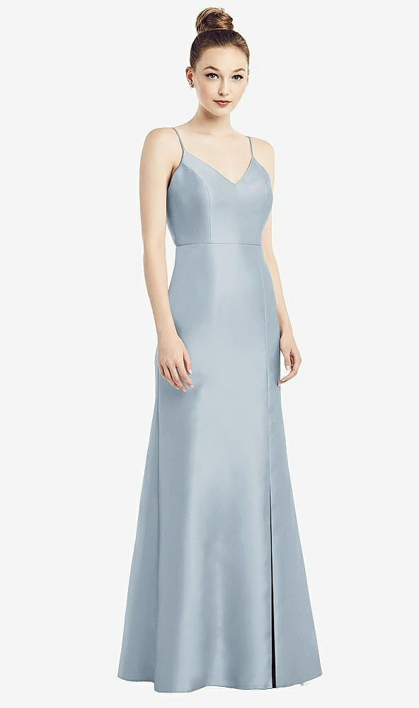 Back View - Mist Open-Back Bow Tie Satin Trumpet Gown