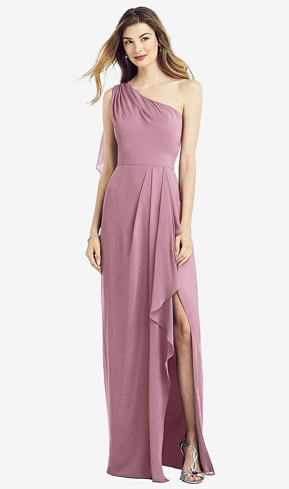 Front View - Dusty Pink One-Shoulder Chiffon Dress with Draped Front Slit