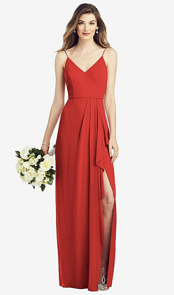 Front View - Poppy Red Spaghetti Strap Draped Skirt Gown with Front Slit