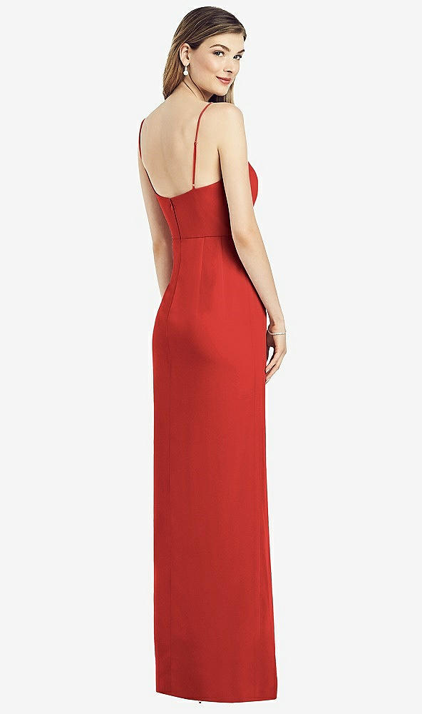 Back View - Poppy Red Spaghetti Strap Draped Skirt Gown with Front Slit