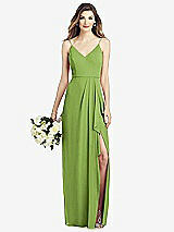 Front View Thumbnail - Peridot Green Spaghetti Strap Draped Skirt Gown with Front Slit