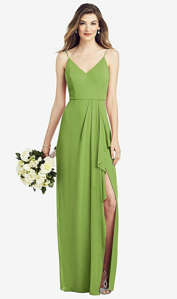 Front View - Peridot Green Spaghetti Strap Draped Skirt Gown with Front Slit