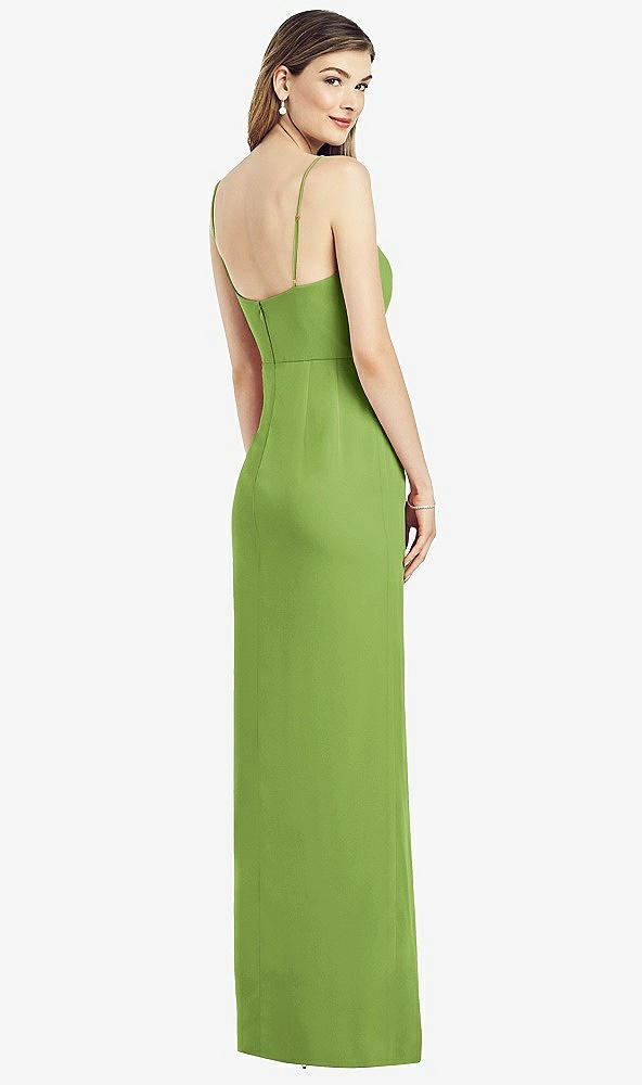 Back View - Peridot Green Spaghetti Strap Draped Skirt Gown with Front Slit