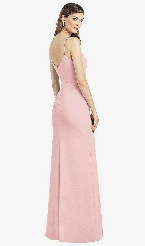 Back View - Rose Spaghetti Strap V-Back Crepe Gown with Front Slit