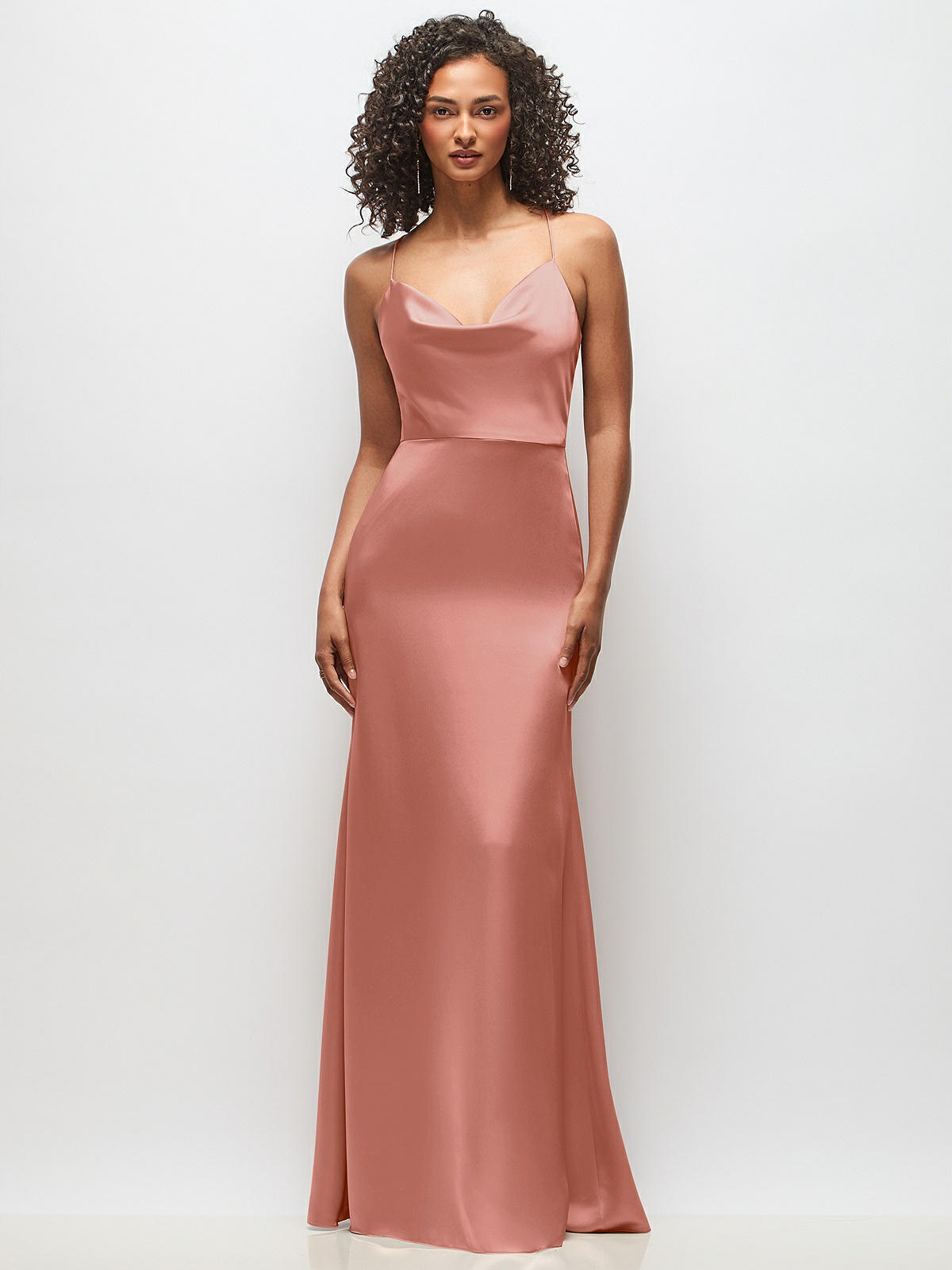 Cowl-neck Criss Cross Back Slip Bridesmaid Dress In Desert Rose