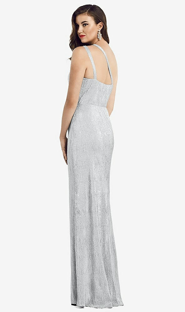 Back View - Silver One-Shoulder Twist Metallic Trumpet Gown