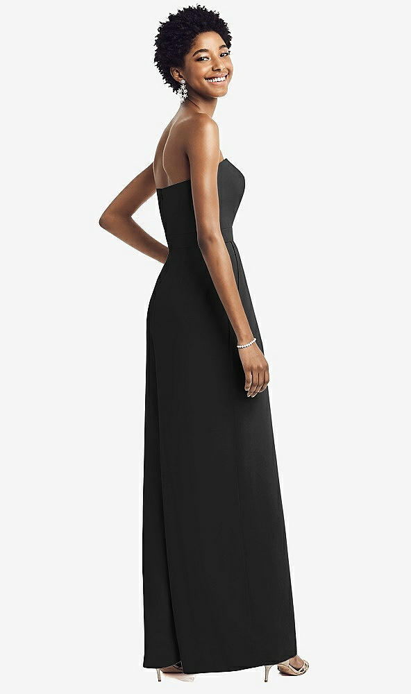 Back View - Black Strapless Chiffon Wide Leg Jumpsuit with Pockets