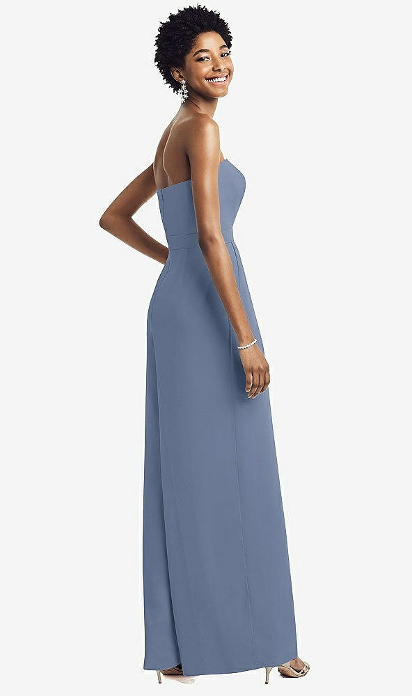 Back View - Larkspur Blue Strapless Chiffon Wide Leg Jumpsuit with Pockets