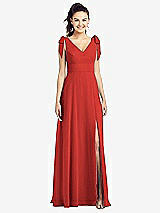 Front View Thumbnail - Poppy Red Bow-Shoulder V-Back Chiffon Gown with Front Slit