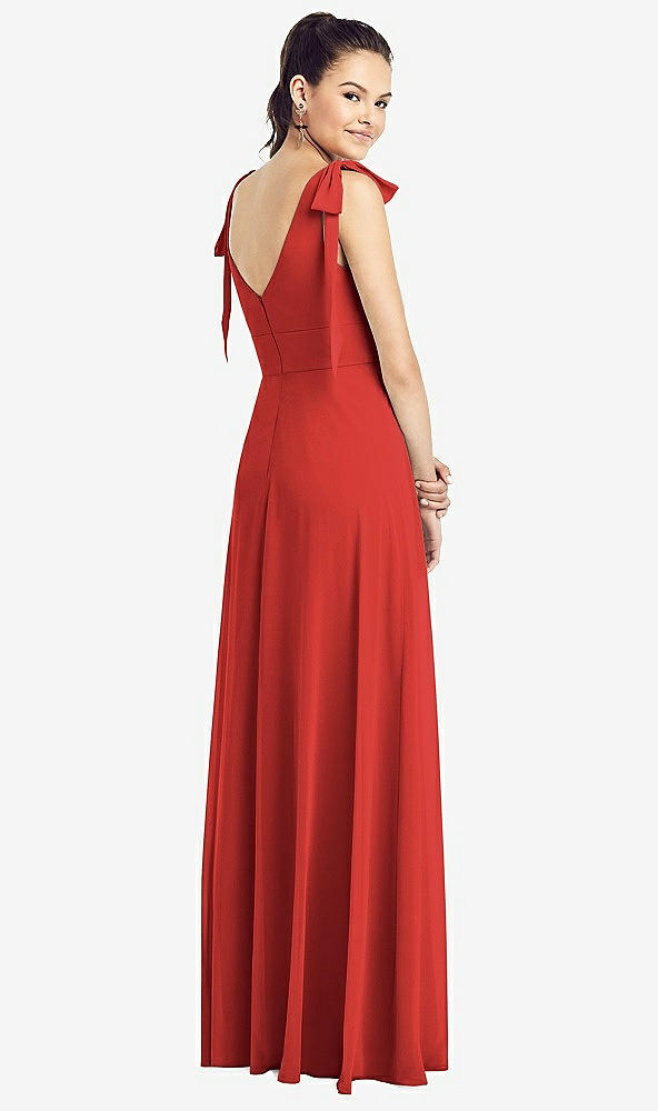 Back View - Poppy Red Bow-Shoulder V-Back Chiffon Gown with Front Slit