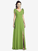 Front View Thumbnail - Peridot Green Bow-Shoulder V-Back Chiffon Gown with Front Slit