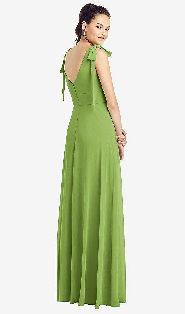 Back View - Peridot Green Bow-Shoulder V-Back Chiffon Gown with Front Slit