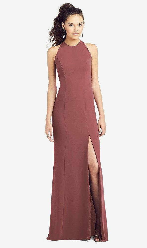 Front View - English Rose Open-Back Jewel Neck Trumpet Gown with Front Slit