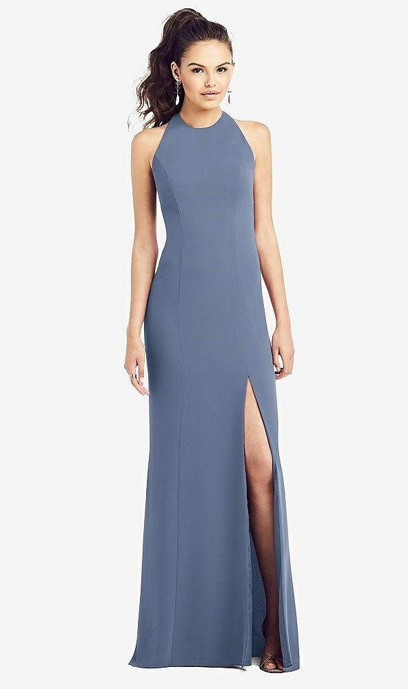 Front View - Larkspur Blue Open-Back Jewel Neck Trumpet Gown with Front Slit