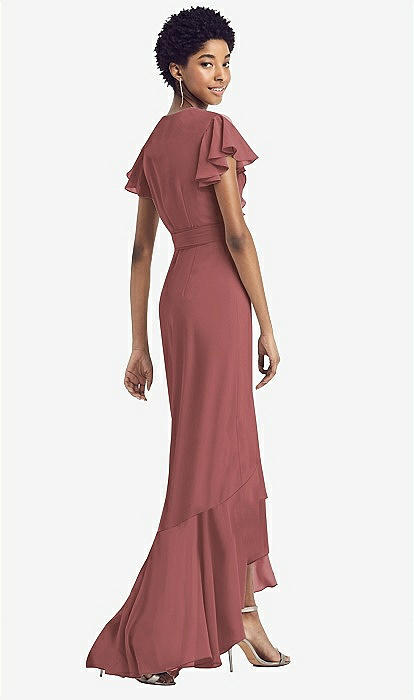 Ruffled High Low Faux Wrap Bridesmaid Dress With Flutter Sleeves In English  Rose | The Dessy Group