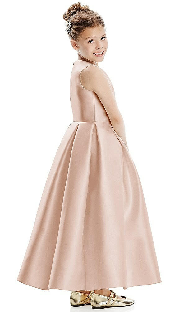 Back View - Cameo Faux Wrap Pleated Skirt Satin Twill Flower Girl Dress with Bow