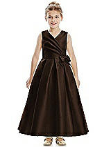 Front View Thumbnail - Espresso Faux Wrap Pleated Skirt Satin Twill Flower Girl Dress with Bow