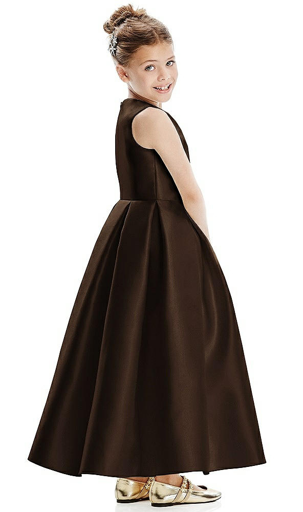 Back View - Espresso Faux Wrap Pleated Skirt Satin Twill Flower Girl Dress with Bow