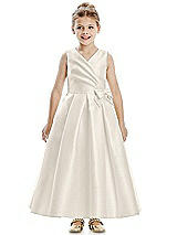 Front View Thumbnail - Ivory Faux Wrap Pleated Skirt Satin Twill Flower Girl Dress with Bow