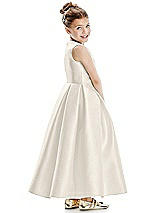 Rear View Thumbnail - Ivory Faux Wrap Pleated Skirt Satin Twill Flower Girl Dress with Bow