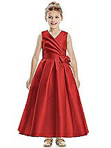 Front View Thumbnail - Poppy Red Faux Wrap Pleated Skirt Satin Twill Flower Girl Dress with Bow