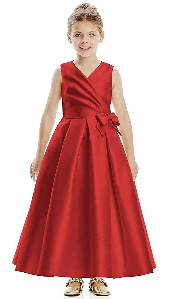 Front View - Poppy Red Faux Wrap Pleated Skirt Satin Twill Flower Girl Dress with Bow