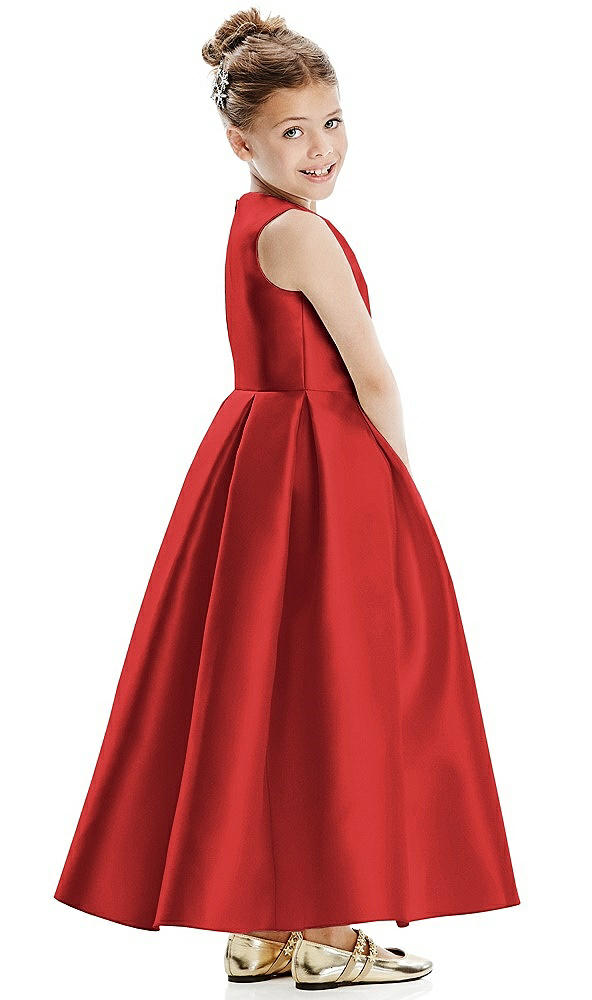 Back View - Poppy Red Faux Wrap Pleated Skirt Satin Twill Flower Girl Dress with Bow