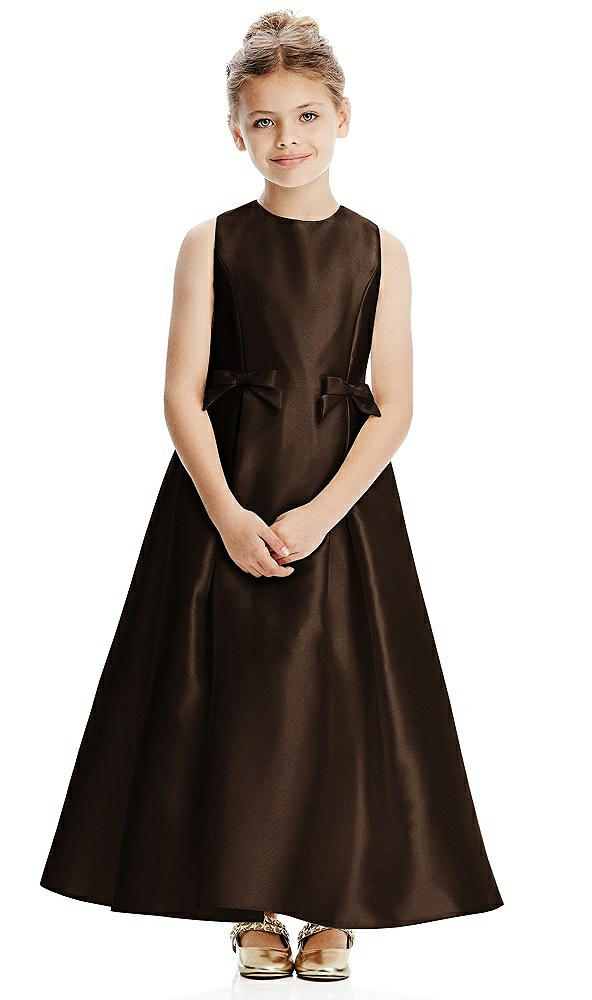 Front View - Espresso Princess Line Satin Twill Flower Girl Dress with Bows