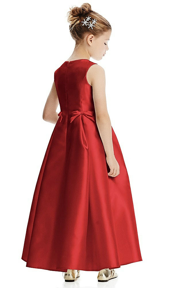 Back View - Poppy Red Princess Line Satin Twill Flower Girl Dress with Bows