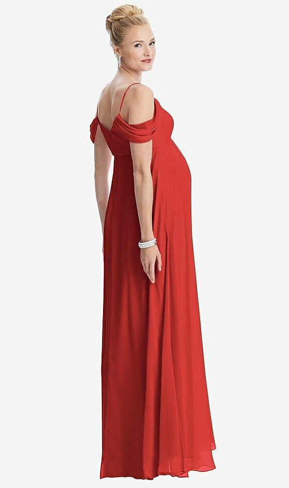 Back View - Poppy Red Draped Cold-Shoulder Chiffon Maternity Dress
