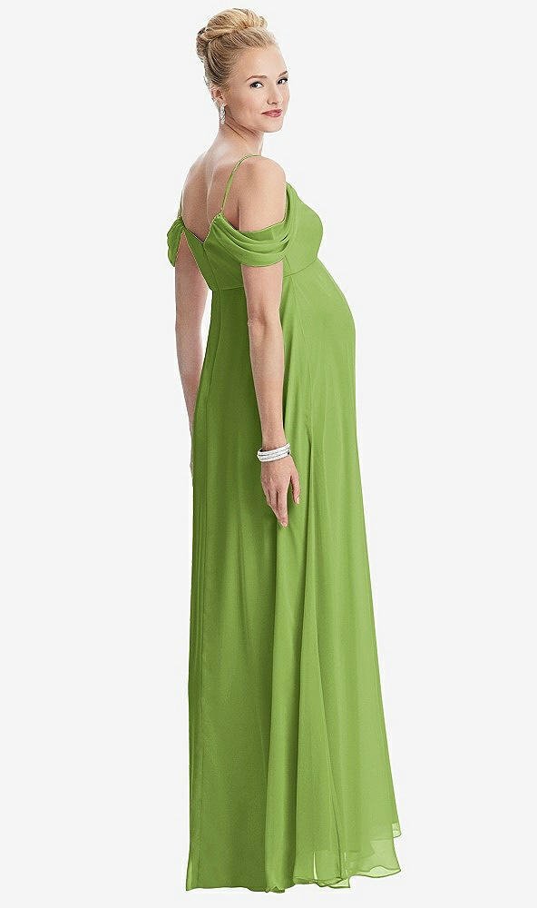 Back View - Peridot Green Draped Cold-Shoulder Chiffon Maternity Dress