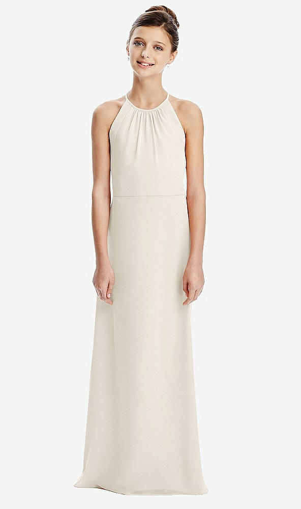 Back View - Ivory Shirred Jewel Neck Chiffon Juniors Dress