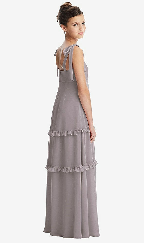 Back View - Cashmere Gray Tie-Shoulder Juniors Dress with Tiered Ruffle Skirt